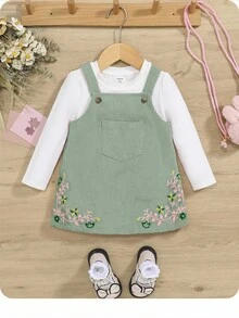 SHEIN Bebé niña Vestido overol con bordado floral sin camiseta - Verde - Ver 5