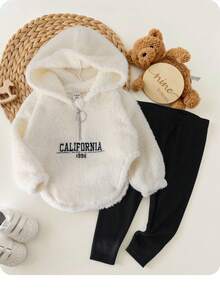 2 件套女婴可爱保暖连帽运动衫和针织打底裤套装，秋冬 - 米色 - 查看 5