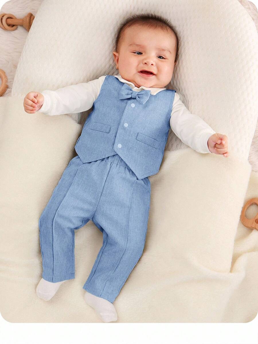 SHEIN 新生兒男寶寶輕盈三件套，包括蝴蝶結連體衣、背心和褲子