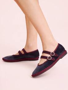 CUCCOO DOLLMOD Women's Midnight Blue Elegant Velvet Classic Comfortable Velvet Parallel Double Strap Mary Jane Flat Shoes For Christmas - Dusty Blue - View 4