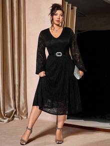 Cravure Plus Size Women V-Neck Hollow Lace Elegant Dress