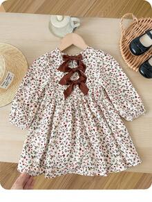 SHEIN Babygirl 可爱度假休闲杏色花卉图案蝴蝶结长袖宽松连衣裙 - 棕色 - 查看 6