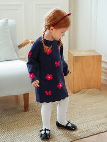 Souflis Souflis Casual Loose Long Sleeve Baby Girls Sweater Dresses, Autumn/Winter Fall - Navy Blue - View 5