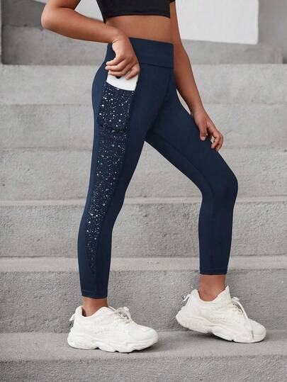 SHEIN 女童户外运动星空泼墨印花瑜伽紧身裤，带口袋，高弹力，时尚百搭，适合跑步、骑行、徒步旅行、室内健身