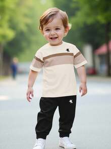 SHEIN 男宝宝休闲条纹圆领短袖上衣和裤子套装 - 彩色 - 查看 6