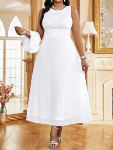 Fleurora 大码女式优雅蕾丝吊带背心连衣裙和夹克两件套 - 白色 - 查看 3