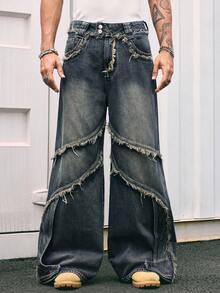 AXEPEAK Men's Retro Distressed Slant Pocket Loose Wide-Leg Jeans - Medium Wash - View 3