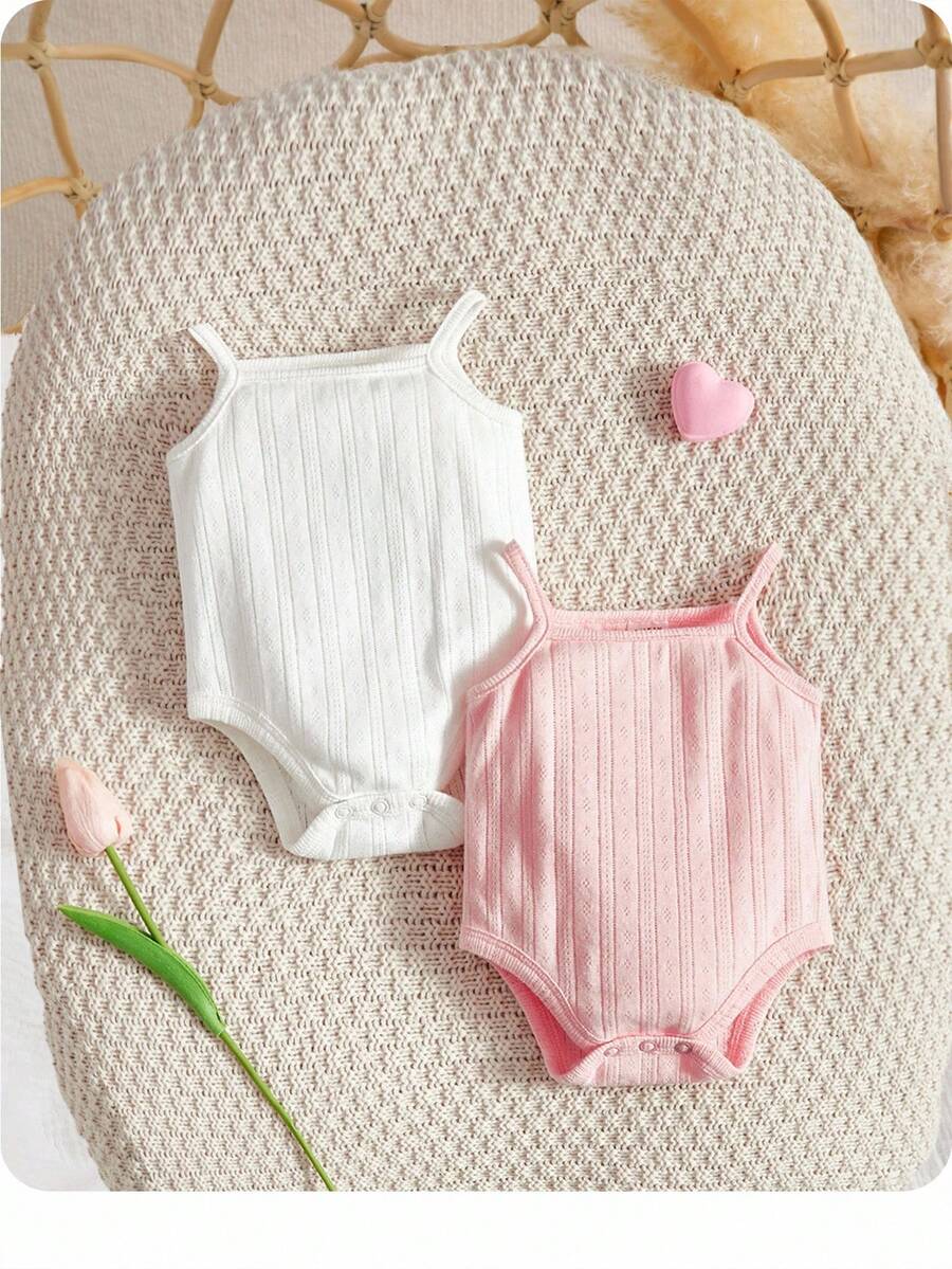SHEIN Baby Girl Newborn 2pcs Solid Cami Bodysuit - Multicolor - View 1