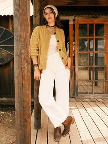 Easelle Áo cardigan dệt kim tay dài dáng suông vai thả họa tiết xoắn cáp, cài cúc đơn, kiểu dáng cao bồi đính sequin, màu vàng mù tạt, thích hợp cho nữ mùa thu đông. - Màu Mù tạt vàng - Xem 8