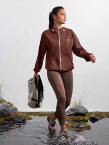 In My Nature Women's Solid Color Drop Shoulder Hooded Casual Zip-Up Drawstring Versatile Outdoor Jacket - Burgundy - View 5