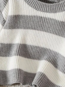 Souflis Souflis 女童宽松条纹短款套头卫衣，灰白条纹针织毛衣，女童毛衣，女童冬季服装，女童针织上衣，女童条纹毛衣，秋季毛衣，秋冬服装，女童针织上衣，小童长袖服装，女童针织套装 - 淺灰色 - 查看 3