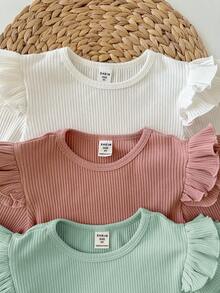 SHEIN 女婴时尚可爱精致小飞袖荷叶边家居三件套休闲纯色针织长袖上衣，多色时尚百搭秋冬款，柔软面料呵护宝宝娇嫩肌肤，是妈妈们的首选。买二送一！女婴时尚长袖上衣，女婴荷叶袖上衣，女婴长袖衬衫，幼儿荷叶袖上衣，新生儿女婴长袖衬衫，女婴罗纹上衣，秋季款 - 彩色 - 查看 4