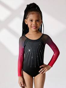 4-Way Stretch High Stretch Young Girls Activewear Bodysuit, Gradient Mesh Long Sleeve Gymnastics Leotard With Rhinestone Decor, Suitable For Fitness, Outdoor Sports, Dance, Yoga, Gymnastics Fall Winter - Multicolor - View 5