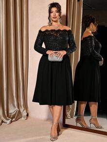 Cravure Plus Size Women Lace Patchwork Off Shoulder Dress, DiverChic Elegant Party - Black - View 3