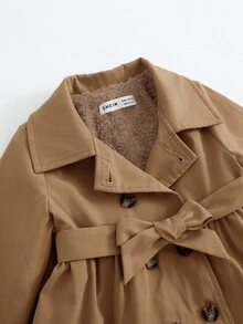 SHEIN Baby Girl Cute Minimalist Brown Thermal Lined Long Coat With Lapel Collar, Autumn/Winter