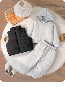 SHEIN 3 件套男婴/女婴秋冬柔软羊毛连帽衫、带补丁的背心和厚棉服夹克裤套装，温暖休闲，适合日常穿着和户外活动，如在雪地里玩耍