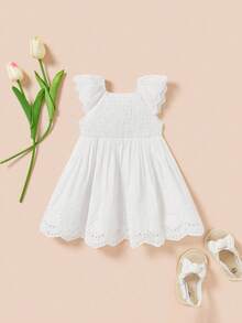 SHEIN Newborn Baby Girl Decorative Lace Round Neck Ruffle Waist Dress