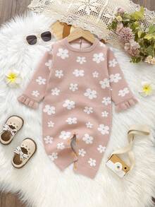 SHEIN Vintaside Kids 女婴休闲花卉印花短袖针织连体衣 - 粉色 - 查看 3
