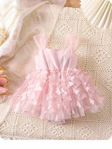 Cute Pink Butterfly Mesh Bodysuit For Baby Girl, Summer - Pink - View 1