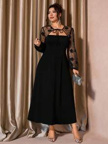 Cravure 大码女式蝴蝶结系带梅花亮片网眼拼布连衣裙，法式优雅甜美休闲派对浪漫长裙 - 黑色 - 查看 6