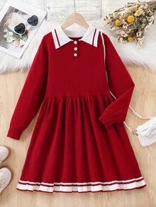 1pc Collared Knit Dress, Cute Red And White Stripe Long Sleeve Sweater Dress For Back-To-School, Autumn French Style Christmas Tween Girl School Dress - Burgundy - View 1