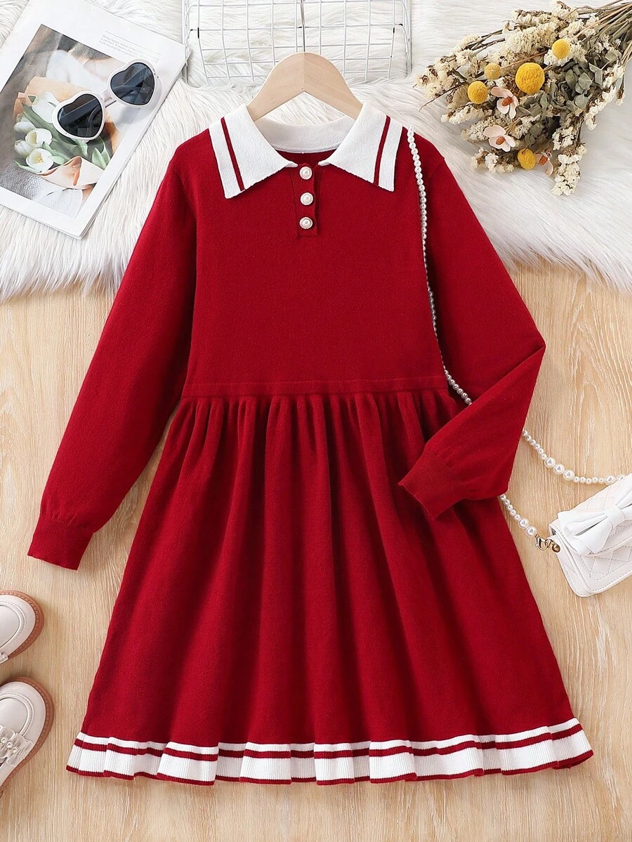 1pc Collared Knit Dress, Cute Red And White Stripe Long Sleeve Sweater Dress For Back-To-School, Autumn French Style Christmas Tween Girl School Dress - Burgundy - View 1