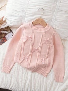 SHEIN 秋冬新款加厚女童毛衣圆领针织套头衫蝴蝶结元素公主法式打底衫适合春秋冬户外旅行居家休闲校园活动 - 粉色 - 查看 1