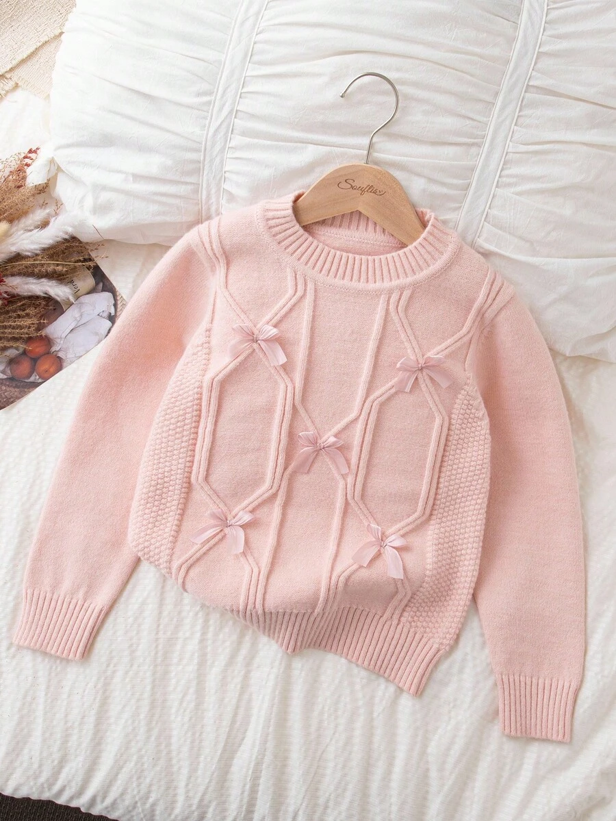 SHEIN 秋冬新款加厚女童毛衣圆领针织套头衫蝴蝶结元素公主法式打底衫适合春秋冬户外旅行居家休闲校园活动 - 粉色 - 查看 1