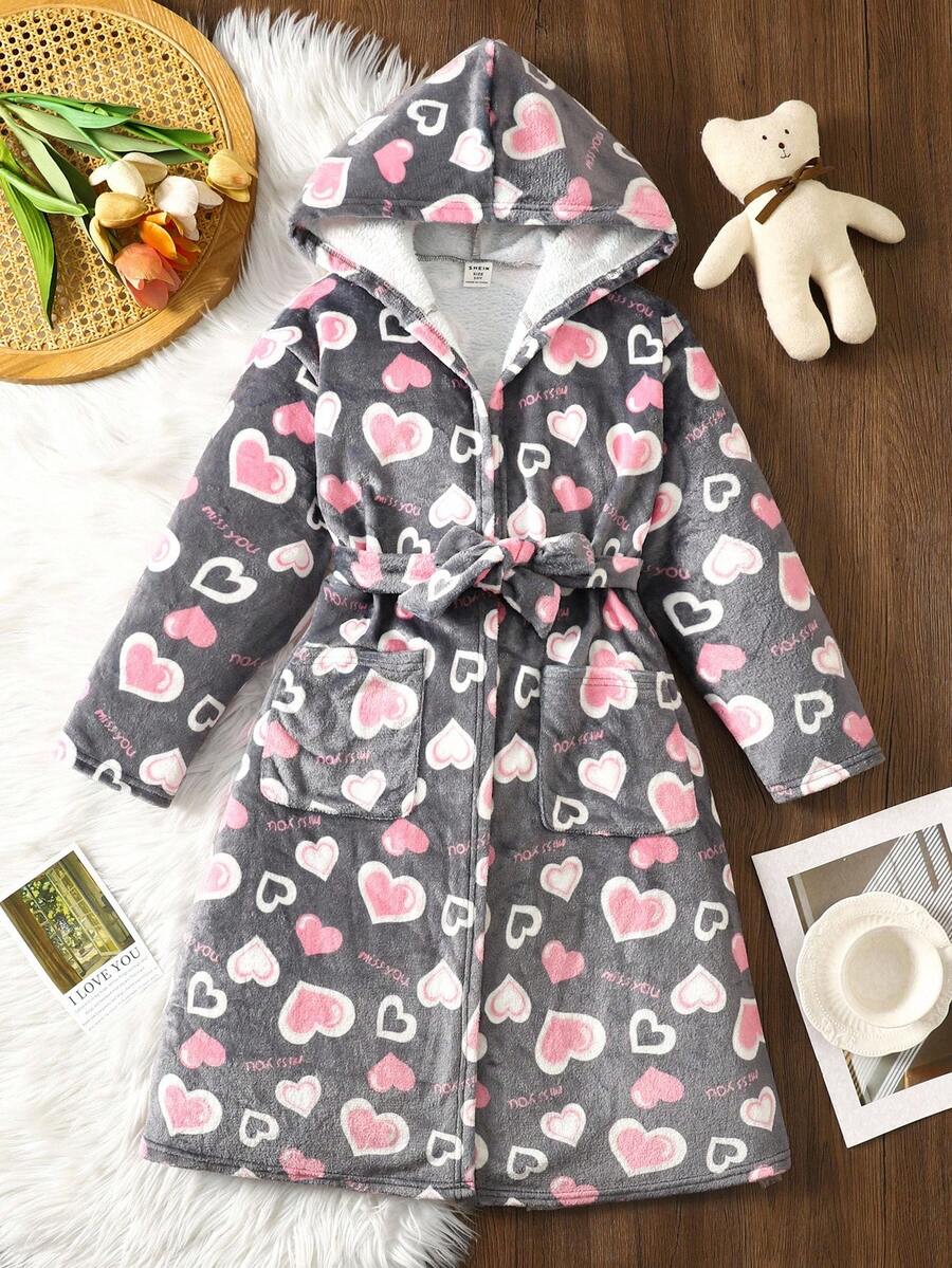 SHEIN Tween Girl Heart Print Flannel Robe, Heart Shaped Flannel Long Robe With Sash Girls Fleece Robe Girls Bathrobe Heart Bathrobe Girl Toddler Girl Robe Kids Robe Hooded Fall Winter - Grey - View 1