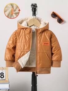 SHEIN 男嬰棕色冬季牛仔俱樂部字母貼布泰迪內裡毛絨全拉鍊連帽外套，保暖蓬鬆夾棉外套，附口袋，寬鬆版型 (6個月-3歲) - 棕色 - 查看 4
