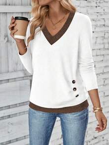 EMERY ROSE Women's Casual Long Sleeve T-Shirt With Contrast Trim And Button Decor, Autumn - Multicolor - View 5