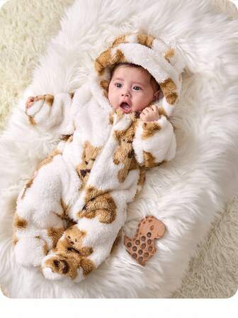 SHEIN Newborn Baby Boy/Girl Cute Warm Hooded Plush Cartoon Design Romper, Autumn/Winter