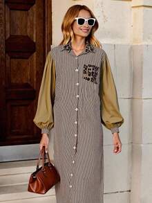 INAWLY Women's Solid Splicing Long Sleeve Pocket Simple Casual Long Dress - Multicolor - View 4