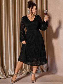 Cravure Plus Size Women V-Neck Hollow Lace Elegant Dress