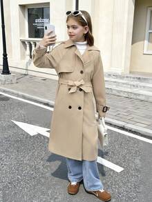 SHEIN Serisse Kids 少女双排扣翻领宽松长款风衣，配腰带，休闲军装风，适合通勤和户外活动，返校季，休闲军装风，适合通勤和户外活动，秋冬季，冬季女孩，时尚秋季，冬季女孩，母女装，卡其色母女风衣，母女装美学，适合女孩