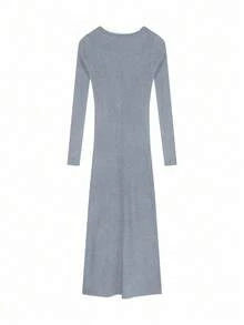 INAWLY Váy Cardigan dài cài nút màu trơn cho nữ, váy midi dài tay bó sát phù hợp cho mùa thu đông - Xám - Xem 2