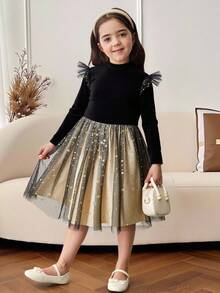 Young Girl Elegant Black Dress With Gold Mesh Ruffle Trim Detachable Collar Long Sleeve Velvet Dress, Autumn/Winter Dress, Suitable For Everyday Wear, Casual Occasions, Elegant Parties Or Birthday Gatherings, Also Suitable For Christmas Parties - Black - View 4