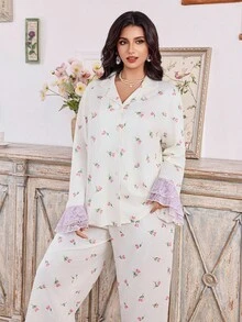 CottageSlumber Plus Size Floral Lace Patchwork Long Sleeve Pajama Set, Fall Clothes