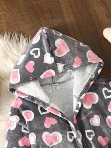 SHEIN Tween Girl Heart Print Flannel Robe, Heart Shaped Flannel Long Robe With Sash Girls Fleece Robe Girls Bathrobe Heart Bathrobe Girl Toddler Girl Robe Kids Robe Hooded Fall Winter - Grey - View 3