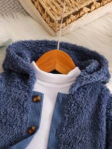 SHEIN Playful Pals 男婴加厚连帽羊毛外套和松紧腰束脚裤两件套，儿童服装，婴儿套装，春秋冬季，6个月-3岁男婴连帽衫套装，深蓝色男婴套装，男婴运动服，舒适小精灵，男婴冬季服装套装，男婴套装，男童秋季服装，儿童/婴儿服装，男婴服装，婴儿休闲套装，男婴冬季服装，男婴冬季服装，6个月-3岁