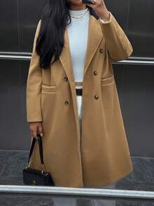 SHEIN Clasi Áo khoác cỡ lớn dành cho nữ, kiểu cổ ve áo chắp vá. - Màu Khaki - Xem 5