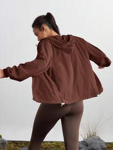 In My Nature Women's Solid Color Drop Shoulder Hooded Casual Zip-Up Drawstring Versatile Outdoor Jacket - Burgundy - View 2