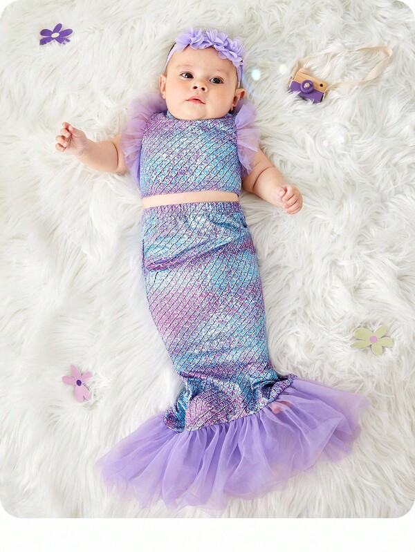 SHEIN Nowo narodzona dziewczynka Nadruk Rybich Łusek Kontrastowa siatka Syrena Zestaw kostiumów Z Opaską Na Włosy
