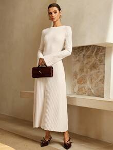 Lymera Women's White Elegant Sexy Soft Chunky Knit Textured Crew Neck Mermaid Hem Long Sleeve Casual All-Match Long Dress For Party Going Out New Year Christmas Thanksgiving Work Office Commuting, Summer/Autumn/Winter - Apricot - View 3
