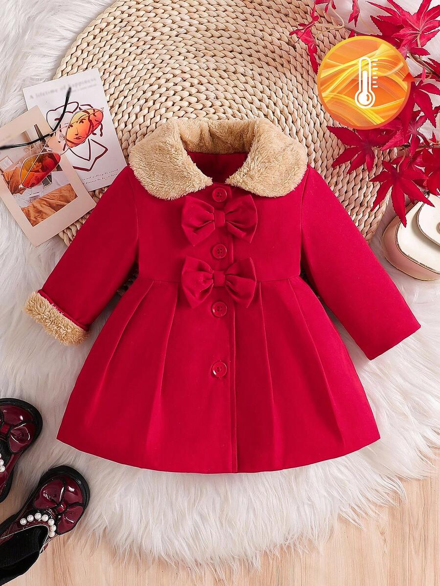 SHEIN Baby Girls' Faux Fur Collar Bow Decor Trench Coat, Autumn/Winter Fall - Multicolor - View 1