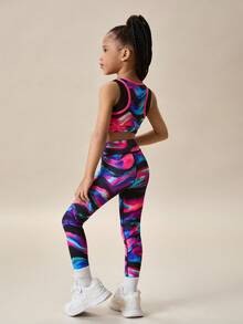 SHEIN Komplet dla młodych dziewcząt, 2 sztuki, bezrękawnik z nadrukiem + spodnie, strój codzienny na święta, na zewnątrz, na każdą porę roku