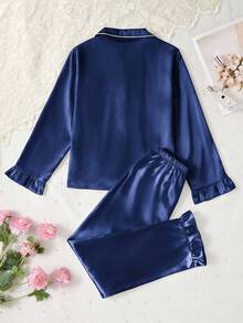 2pcs Girls' Navy Blue Solid Color Embroidered Ruffle Sleeve Long Sleeve Top And Pants Pajama Set, Spring/Autumn Fall Winter - Royal Blue - View 2