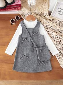Souflis Souflis 女婴蝴蝶结灰色羊毛拉链连衣裙和罗纹针织长袖上衣，搭配可爱包包，优雅可爱的日常装扮