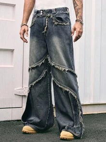 AXEPEAK Men's Retro Distressed Slant Pocket Loose Wide-Leg Jeans - Medium Wash - View 1