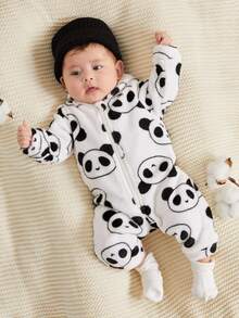 SHEIN 新生女孩可爱卡通图案毛绒连帽连体衣，秋冬